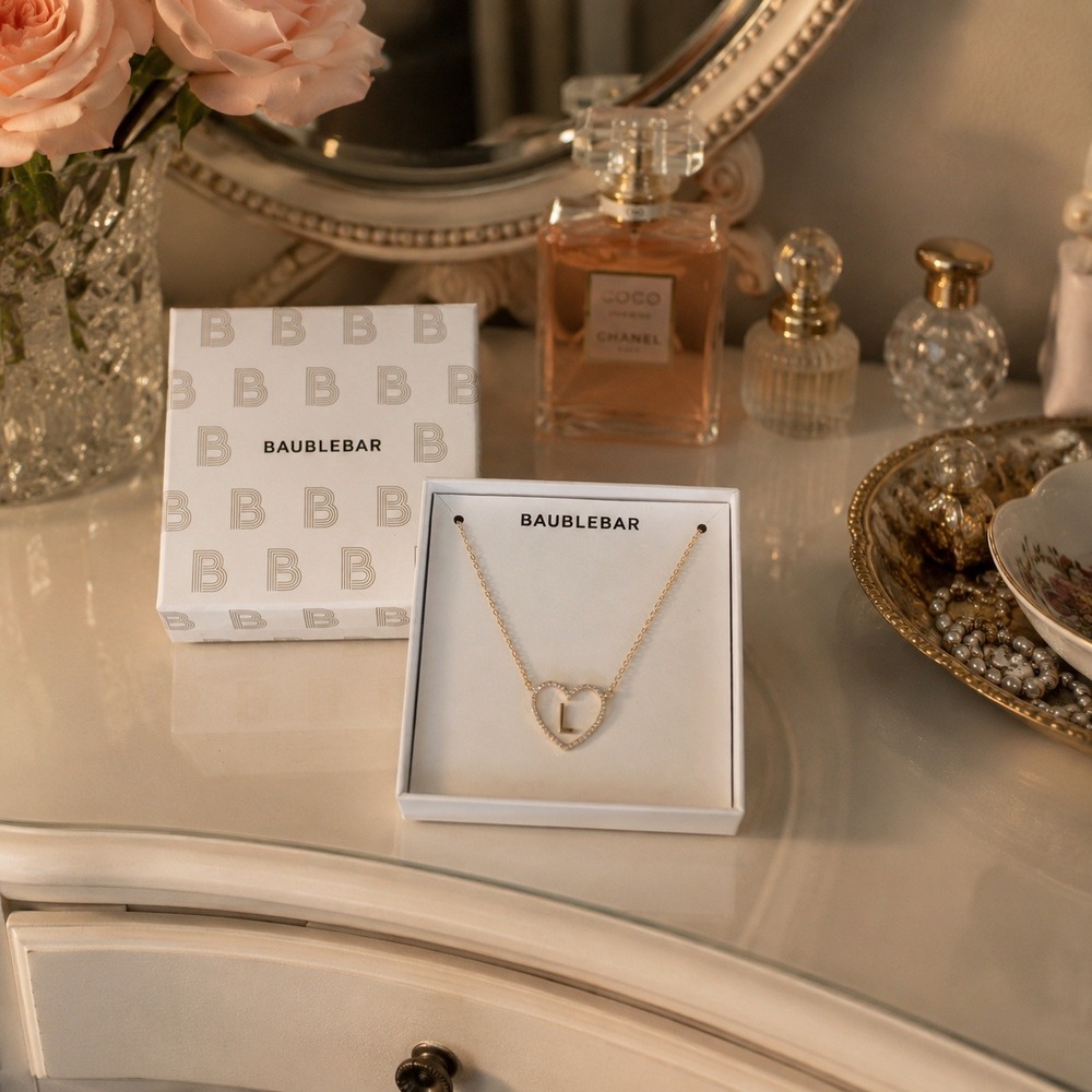Baublebar Initial L Heart Pendant Necklace Gold Tone Mother of Pearl Rhinestone